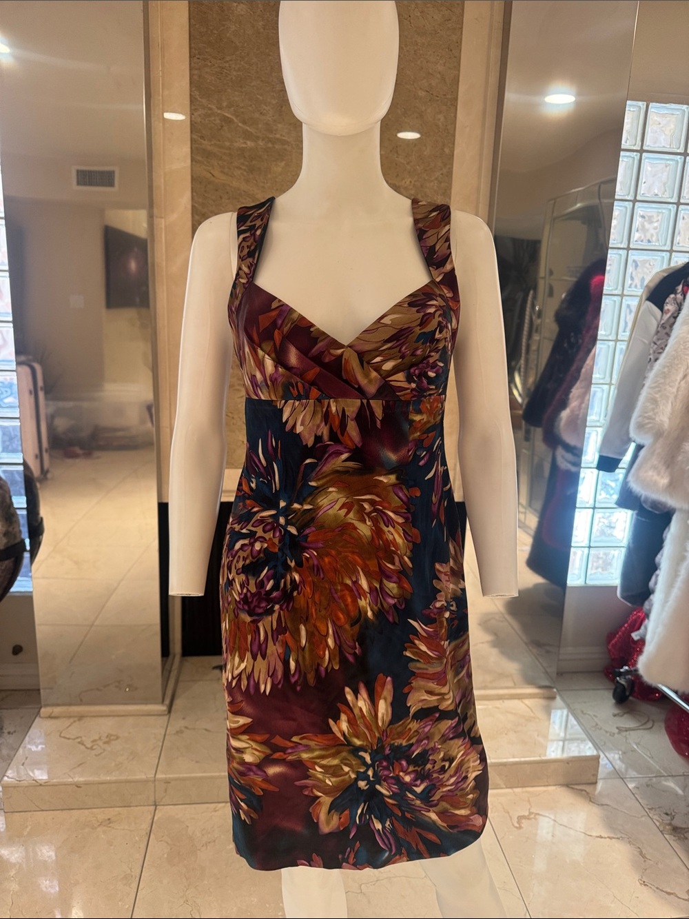 David Meister Floral Satin Feel Sheath Dress Jewel Tone